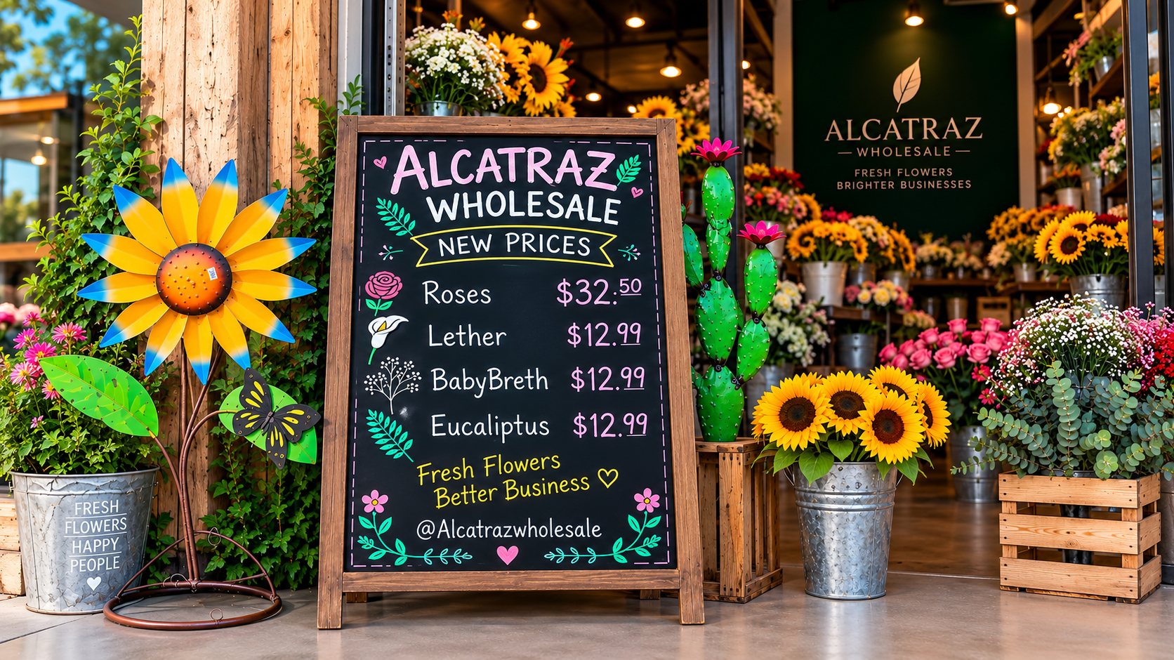 Pizarrón de especiales de Alcatraz Wholesale con precios de flores